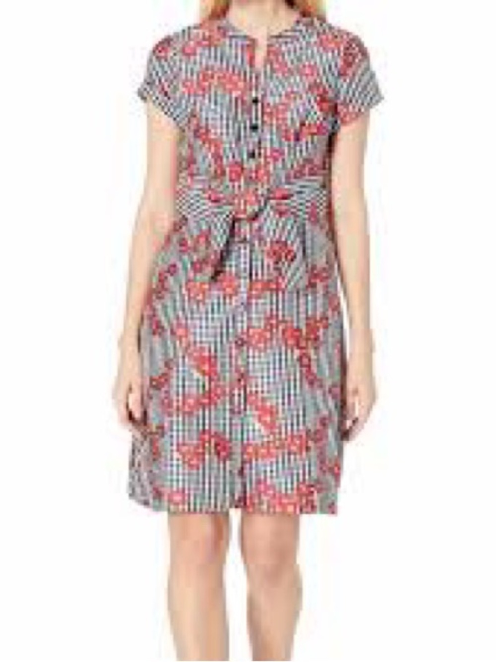 Adrianna Papell Red Floral Gingham Tie-Front Shirt Dress